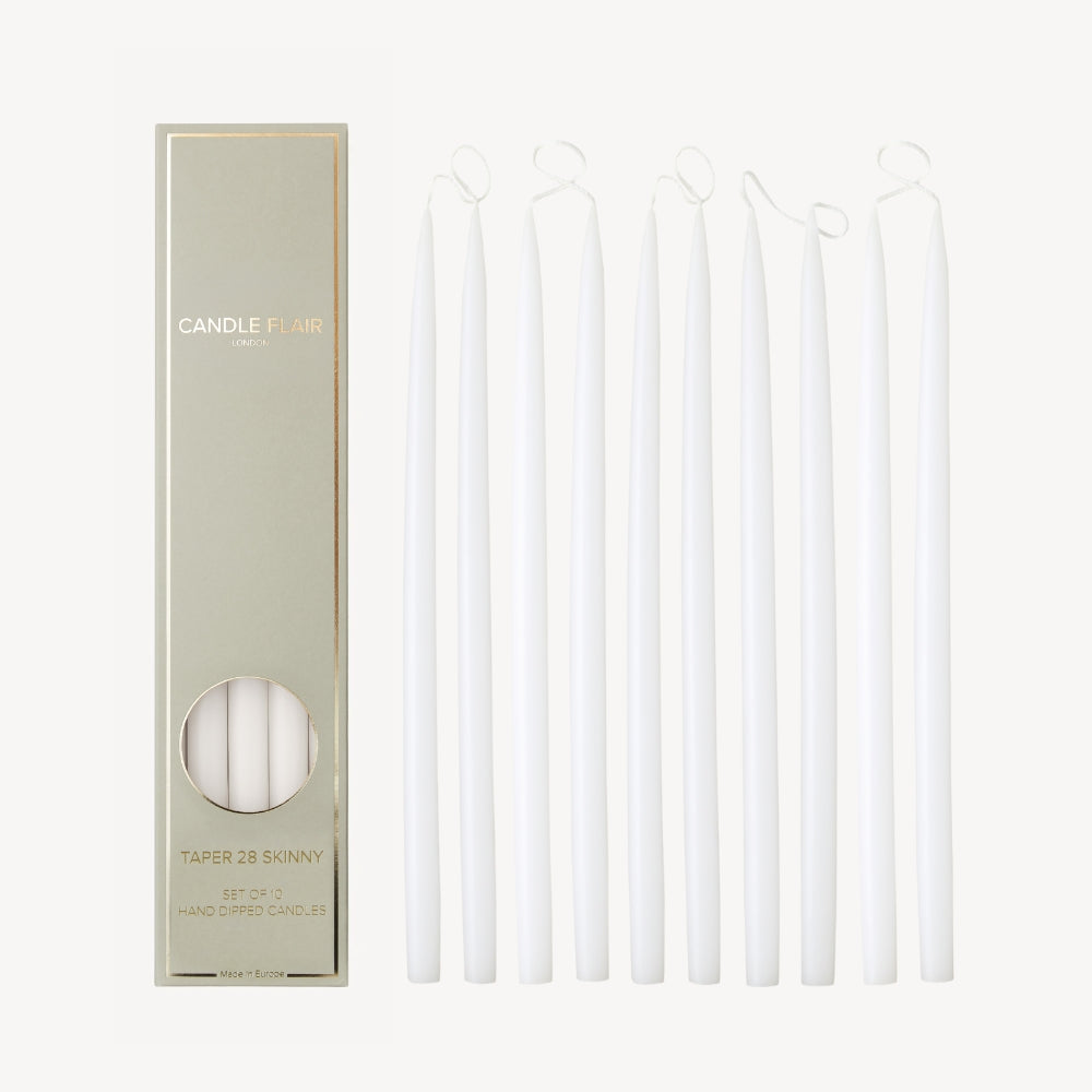 Box of 10 Candles - Taper 28 Skinny - White