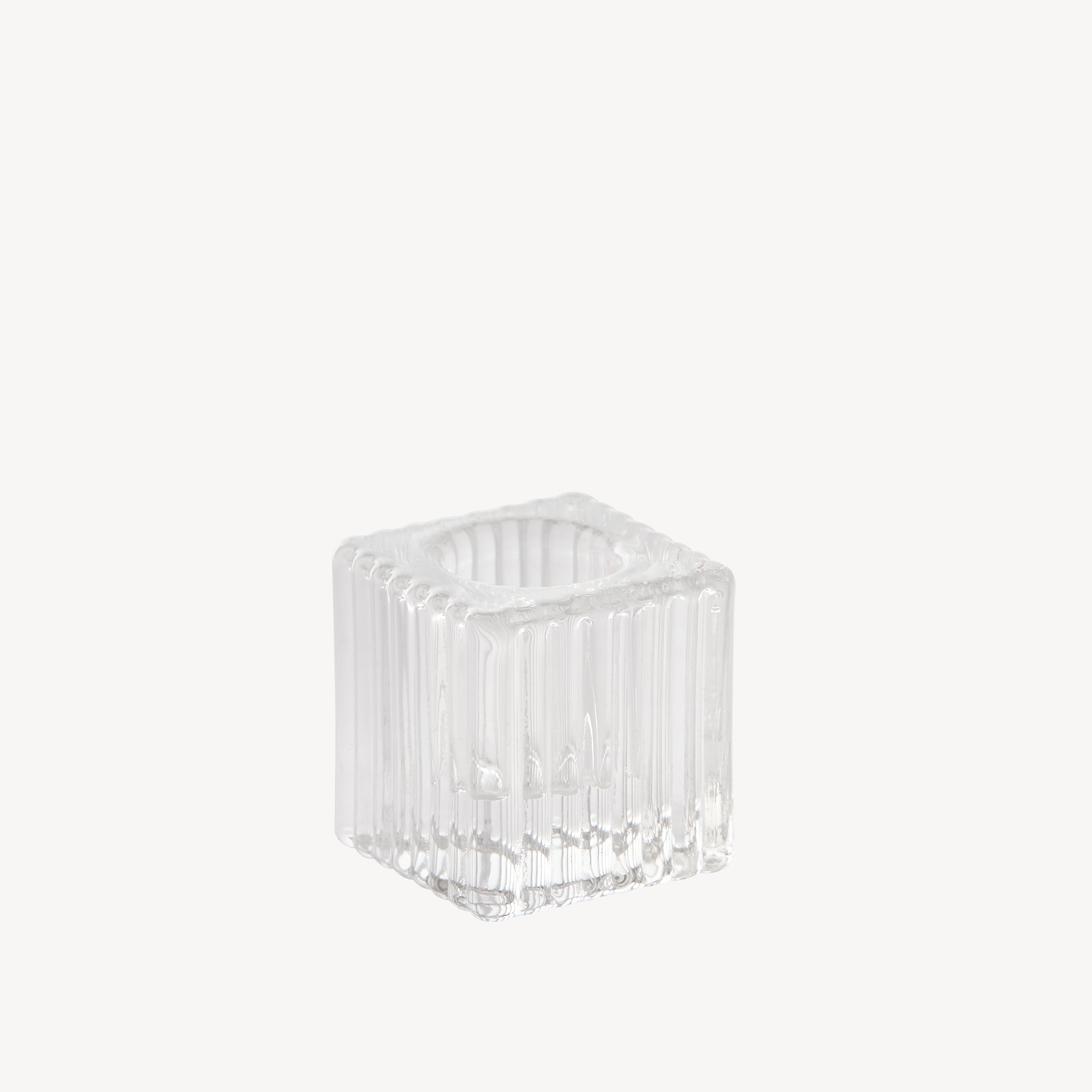 Small Ribbed Square Glass Dinner Candle Holder - Clear