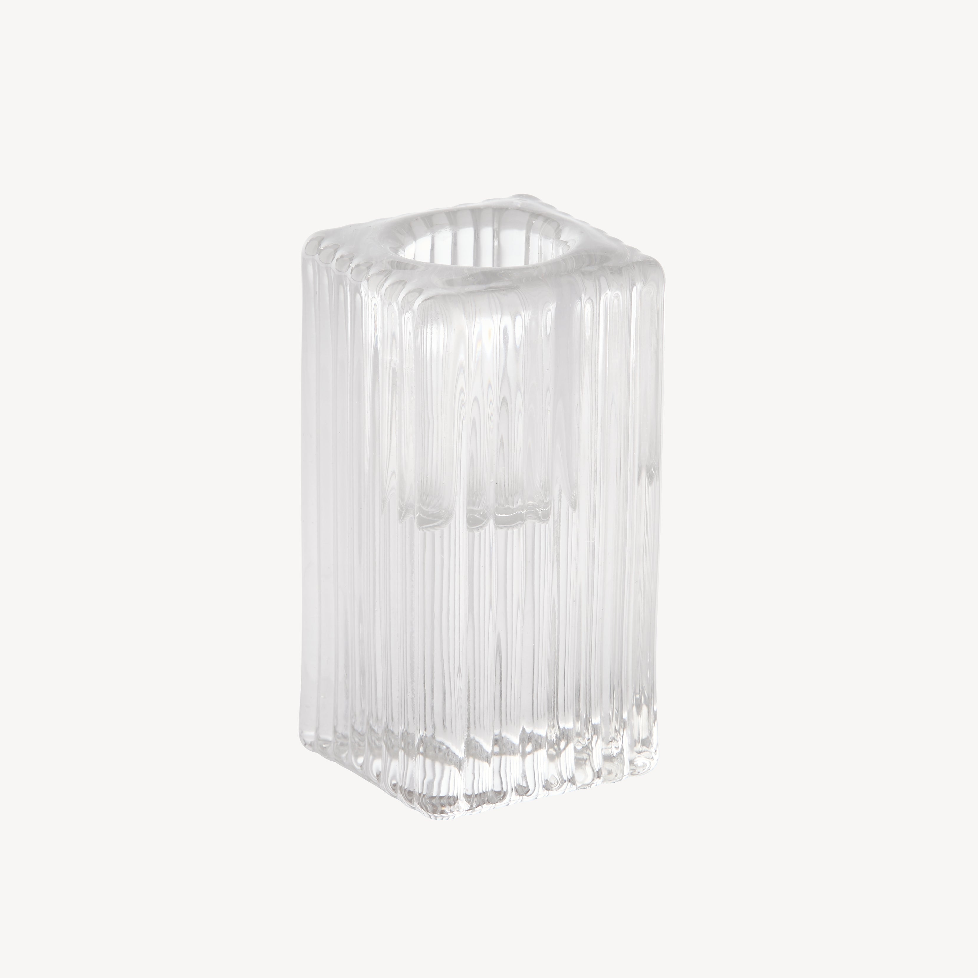Tall Ribbed Square Glass Dinner Candle Holder - Clear