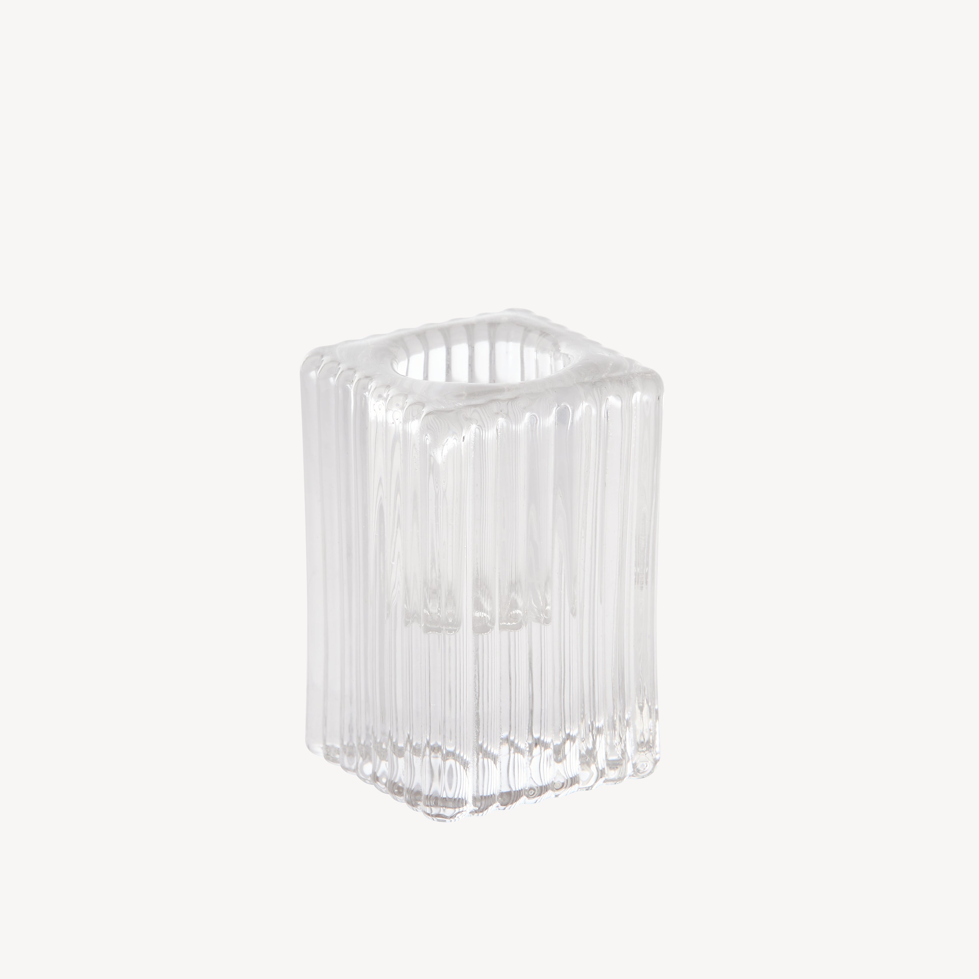 Mid Ribbed Square Glass Dinner Candle Holder - Clear