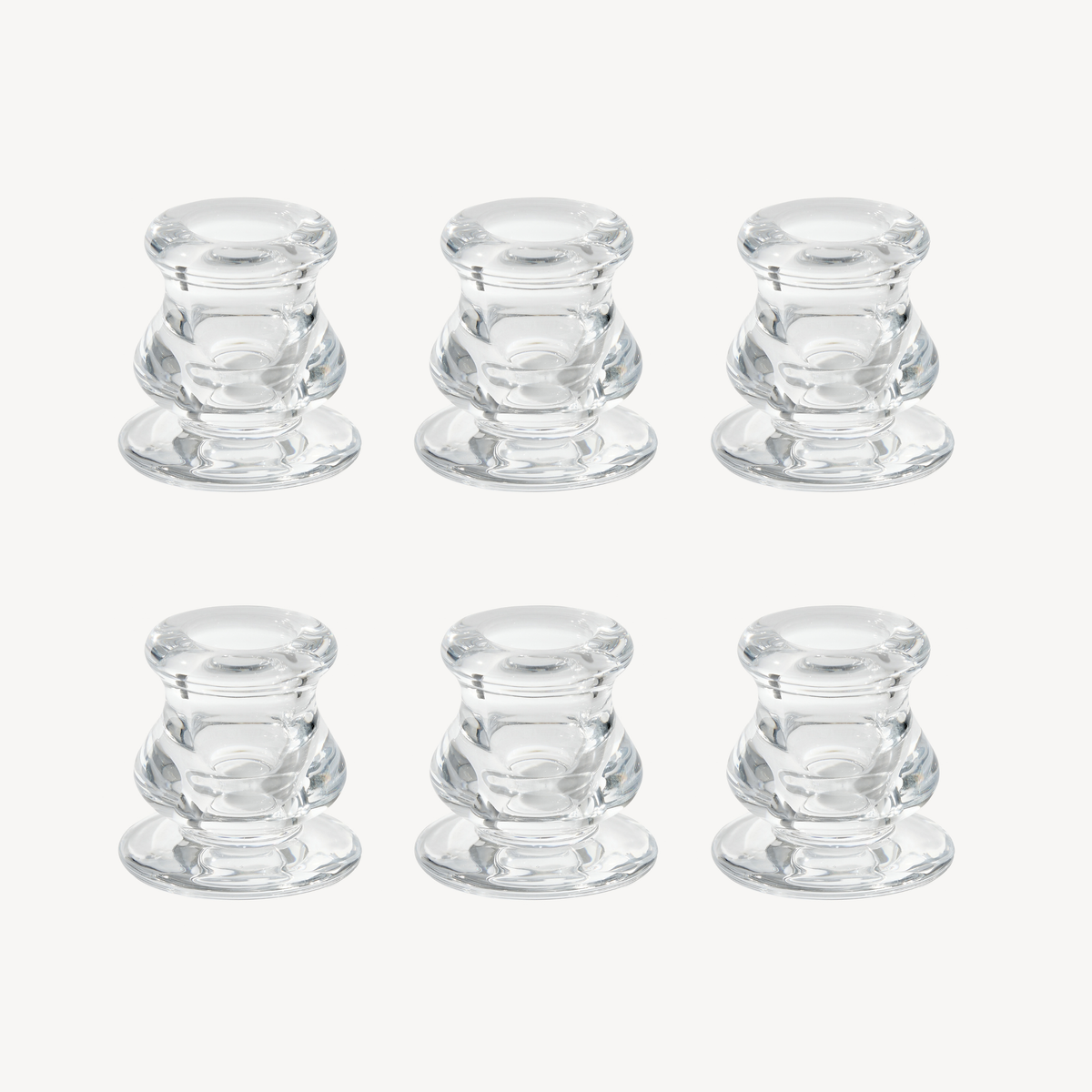 Set of six low clear glass taper candle holders by Candle Flair