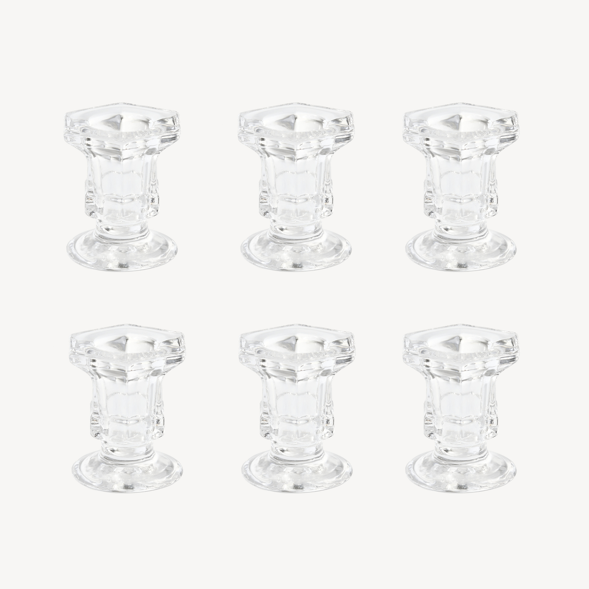 Set of six low vintage clear glass taper candle holders by Candle Flair