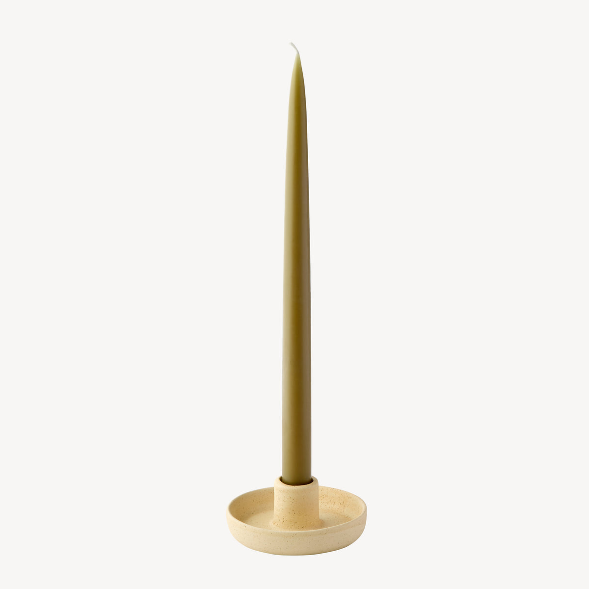 Candle Flair wide speckled ceramic taper candle holder in cream and beige with olive green taper